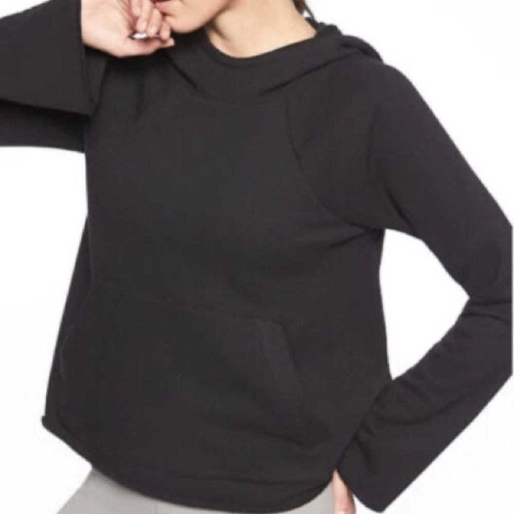 Athleta French Terry Cropped Black Sz Large Hoodie Scuba Style Hood Wide Sleeve